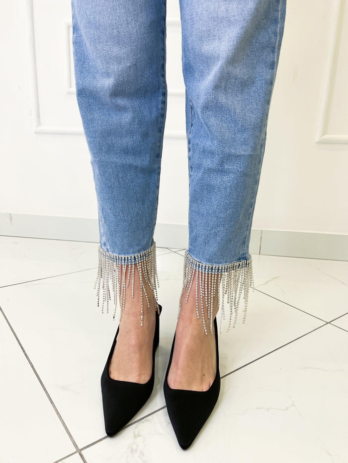 Jeans con frange sale di strass